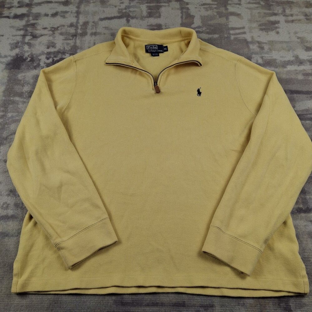 Polo Ralph Lauren Quarter Zip Sweater Mens XL Yellow Cotton Knit Navy Pony Logo